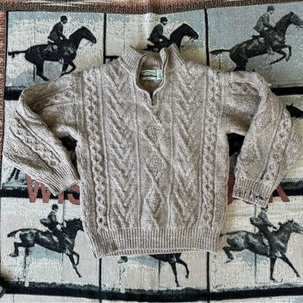 Aran Crafts Irish wool quarter zip cable knit sweater tan small